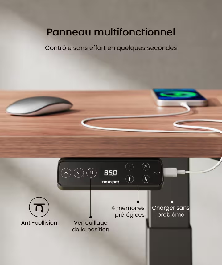 Panneau de commande Flexispot avec flèches haut et bas, touche M de verrouillage et 4 mémoires