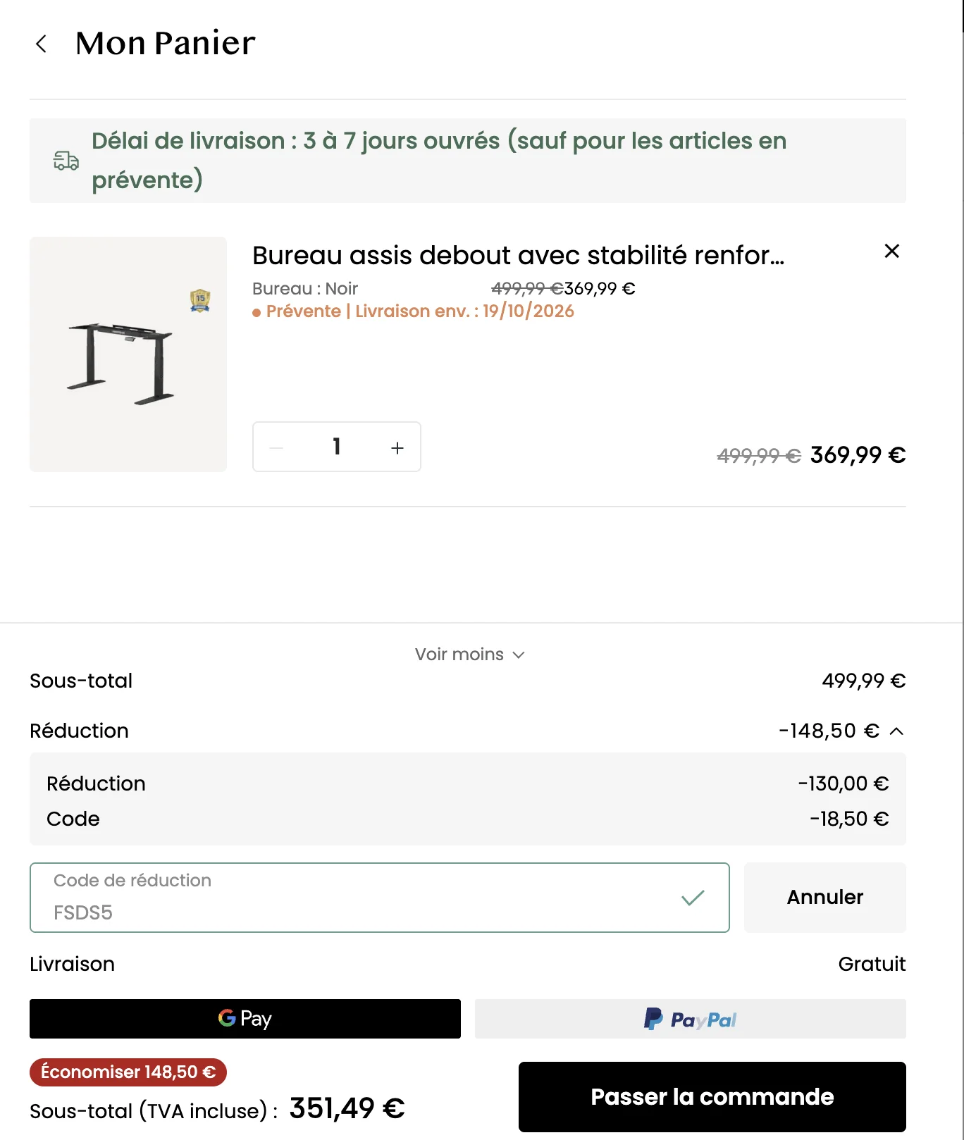 Code promo Flexispot FSDS5 appliqué au panier sur le bureau E7 Pro