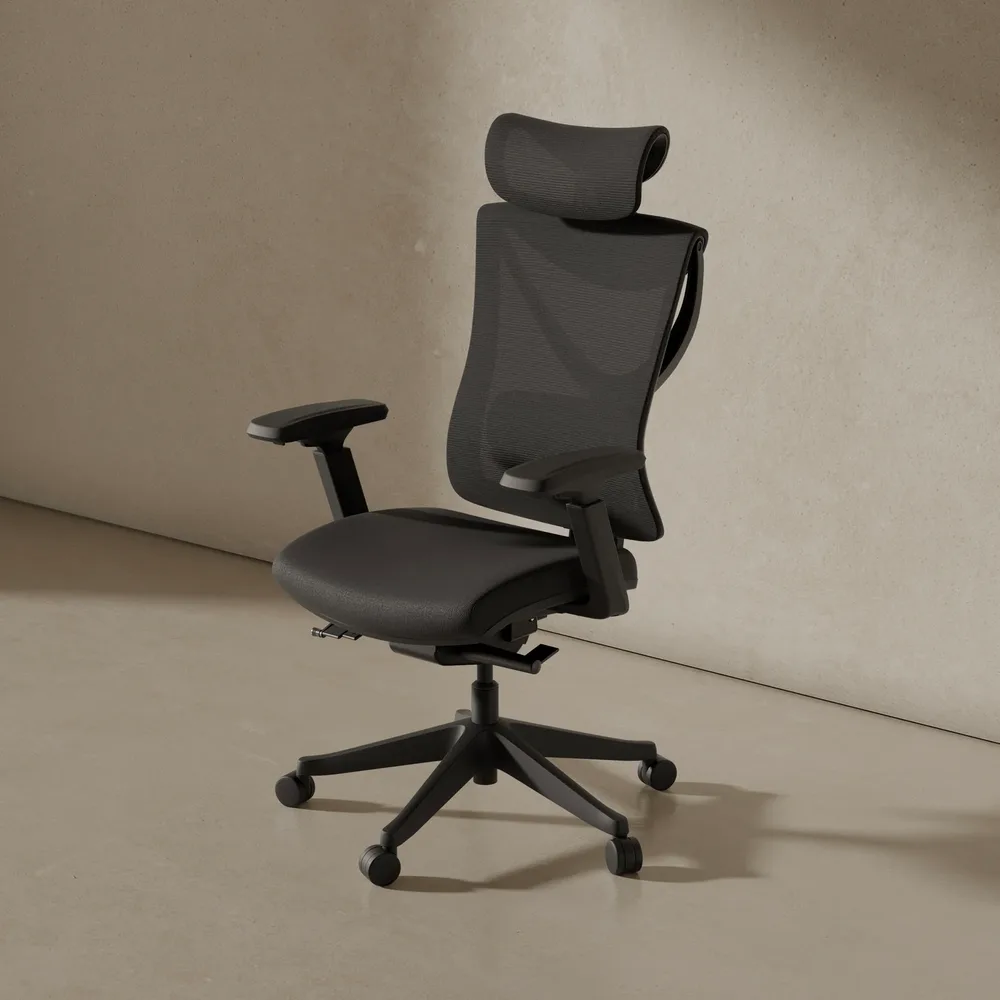 Chaise de bureau ergonomique Desktronic SitPro noire avec appui-tête, dossier en maille et accoudoirs réglables