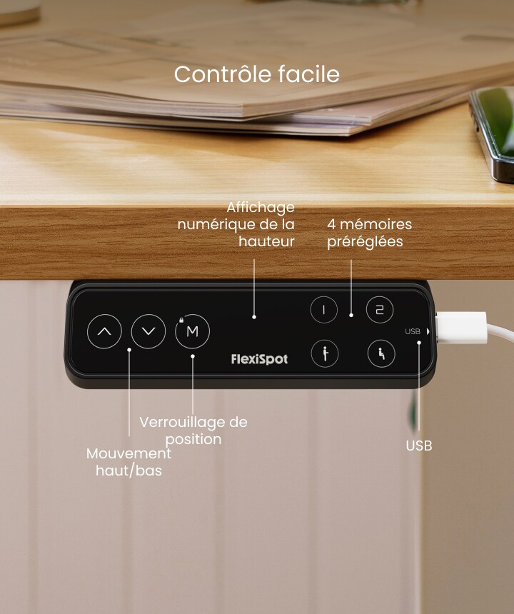 Panneau de commande du Flexispot E7 Pro Max : 4 mémoires, verrouillage et port USB
