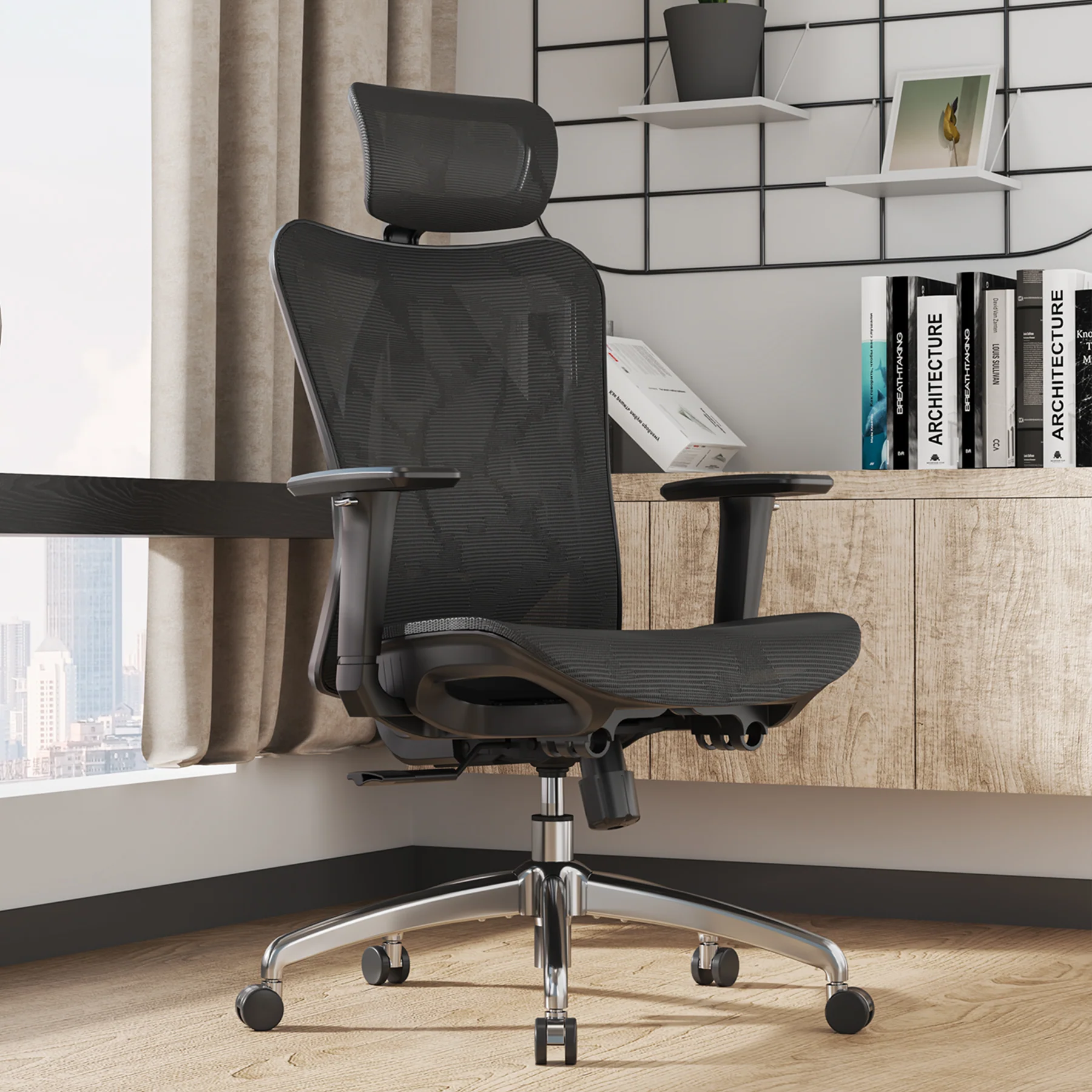 Chaise de bureau ergonomique Sihoo M57 noire en maille devant un bureau
