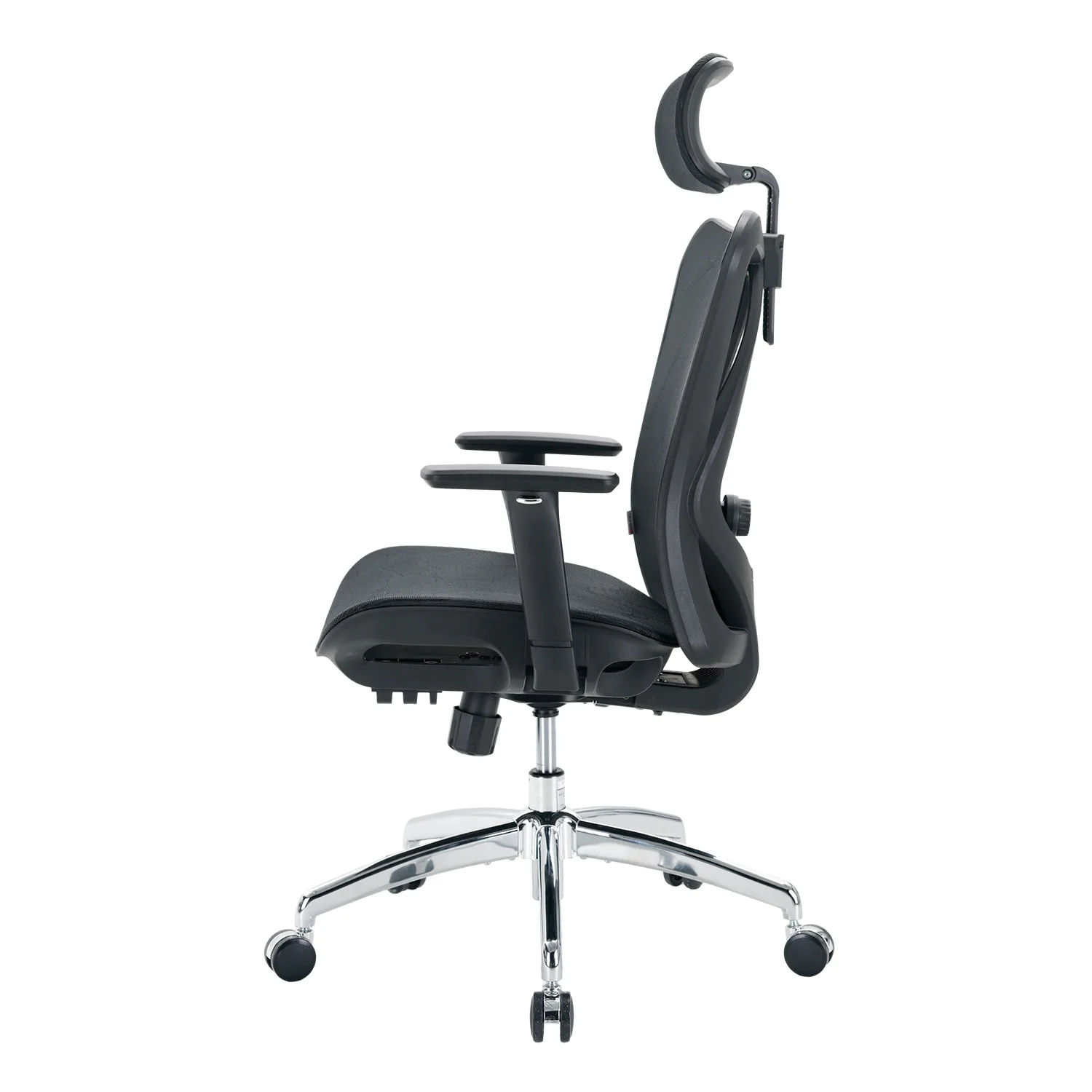 Sihoo M57 noire vue de profil avec appui-tête et accoudoirs réglables